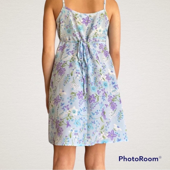 Early 2000s Vintage Light Blue Ditsy Floral Print Purple Tie Back Summer Dress - Picture 2 of 4